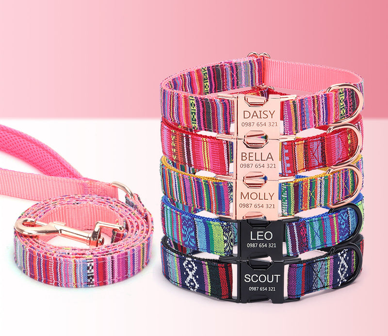 Personalized Engraved Dog Collar Tribal Embroidery Fabric Dog Collar with Custom Name Buckle, Small Medium Large Dog, Pet Gift