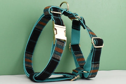 Green Tartan Dog Collar, Personalised Dog Harness Set, Green Black Checkered, Plaid Style Fabric, Different Combo, Dog Collar or Lead Set