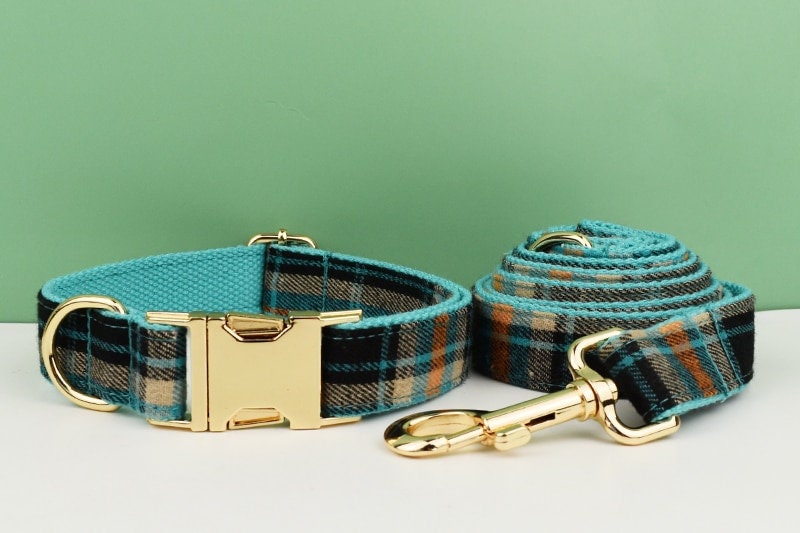 Green Tartan Dog Collar, Personalised Dog Harness Set, Green Black Checkered, Plaid Style Fabric, Different Combo, Dog Collar or Lead Set