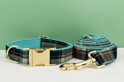 Green Tartan Dog Collar, Personalised Dog Harness Set, Green Black Checkered, Plaid Style Fabric, Different Combo, Dog Collar or Lead Set