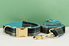 Green Tartan Dog Collar, Personalized Dog Harness Set, Green Black Checkered, Plaid Style Fabric, Different Combo, Dog Collar or Lead Set