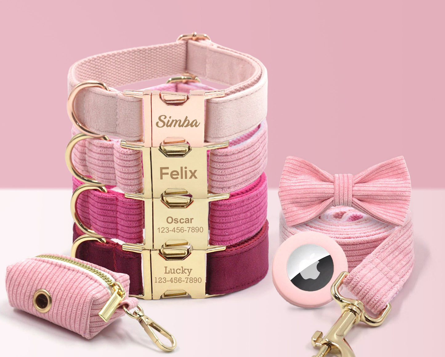 Air Tag Holder Dog Collar in Pale Pink, Carnation, Hot Pink, Burgundy Velvet or Corduroy Fabric, Bow, Lead, Poop Bag Holder