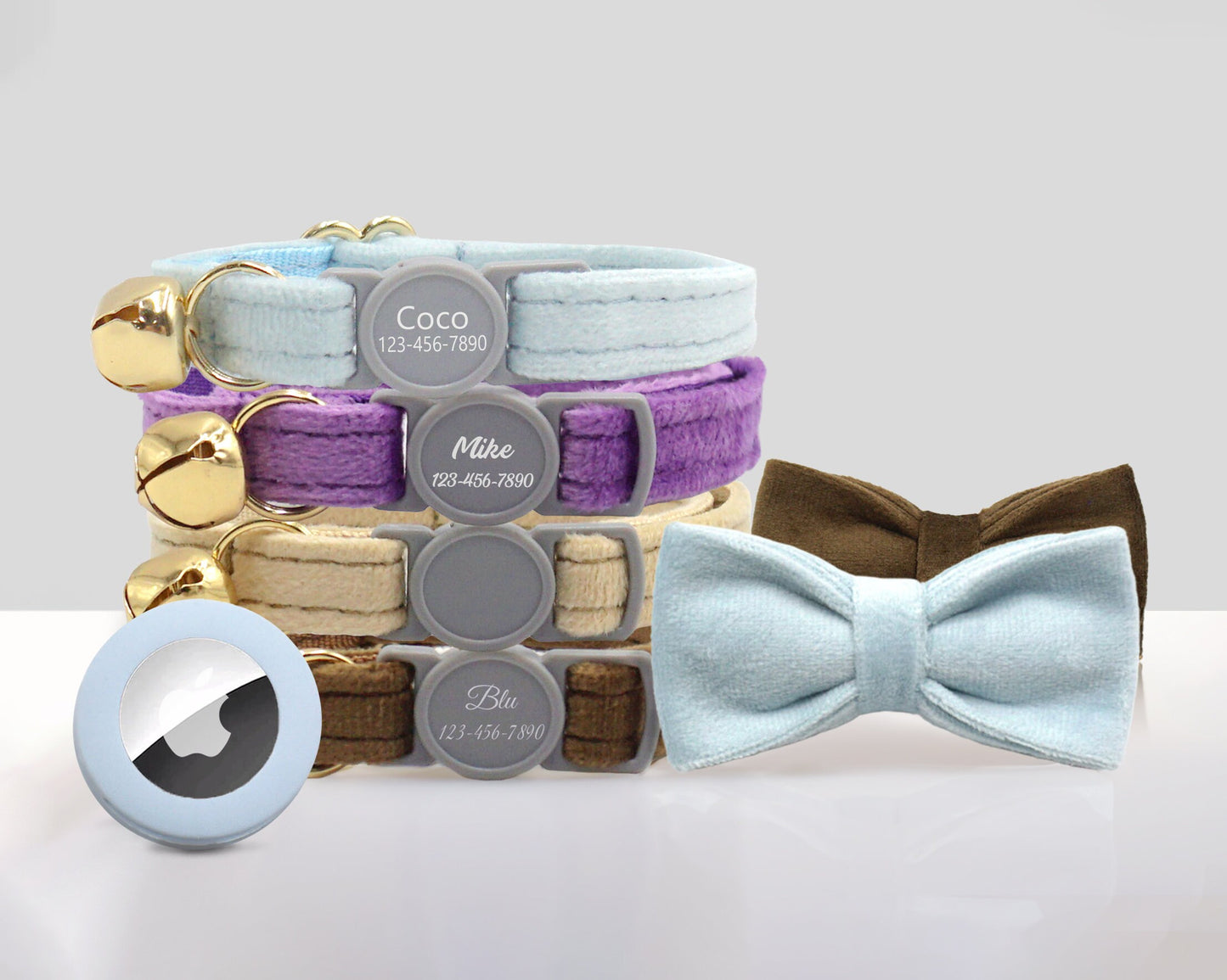 Personalised Breakaway Cat Puppy Velvet Collar with Bell, Bow Tie, Air Tag Holder, Customizable with Name, Light Blue, Purple, Beige, Brown