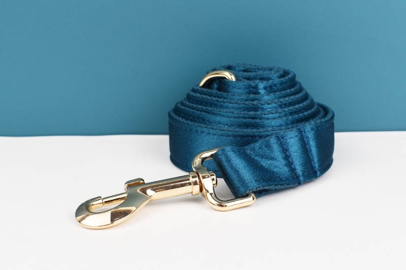 Wedding Dog Collar in Blue Green Satin, Custom Silky Teal H Style Dog Harness with Name, Leash, Sailor Bow for Birthday