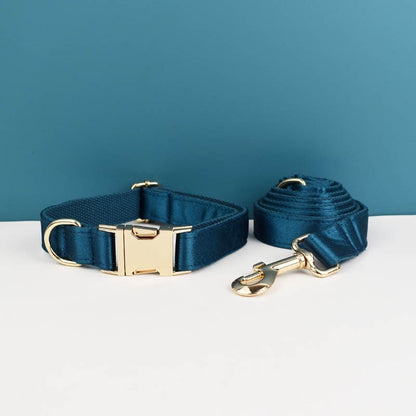 Wedding Dog Collar in Blue Green Satin, Custom Silky Teal H Style Dog Harness with Name, Leash, Sailor Bow for Birthday