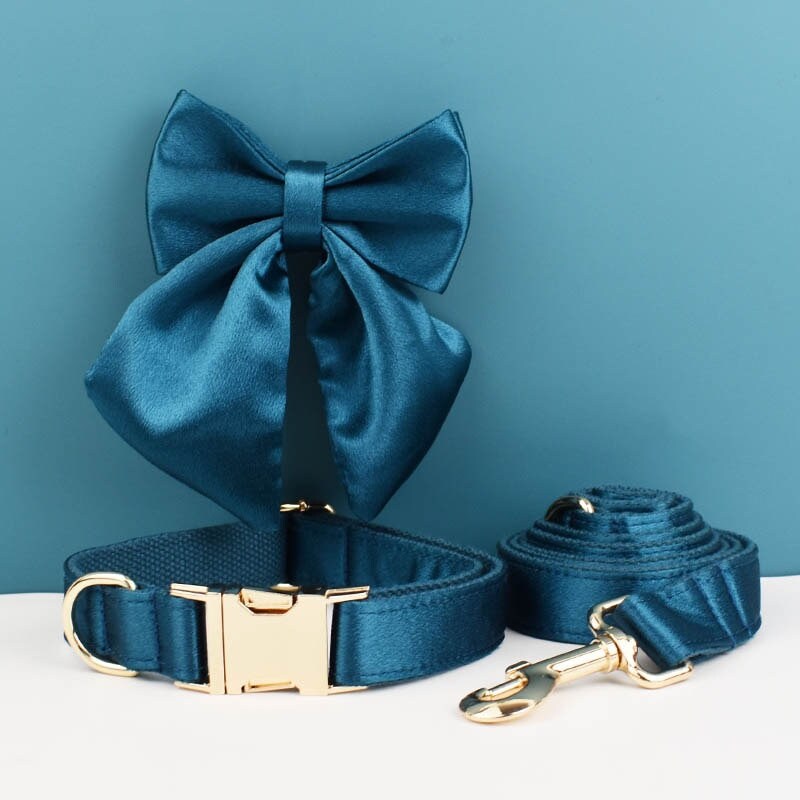 Wedding Dog Collar in Blue Green Satin, Custom Silky Teal H Style Dog Harness with Name, Leash, Sailor Bow for Birthday