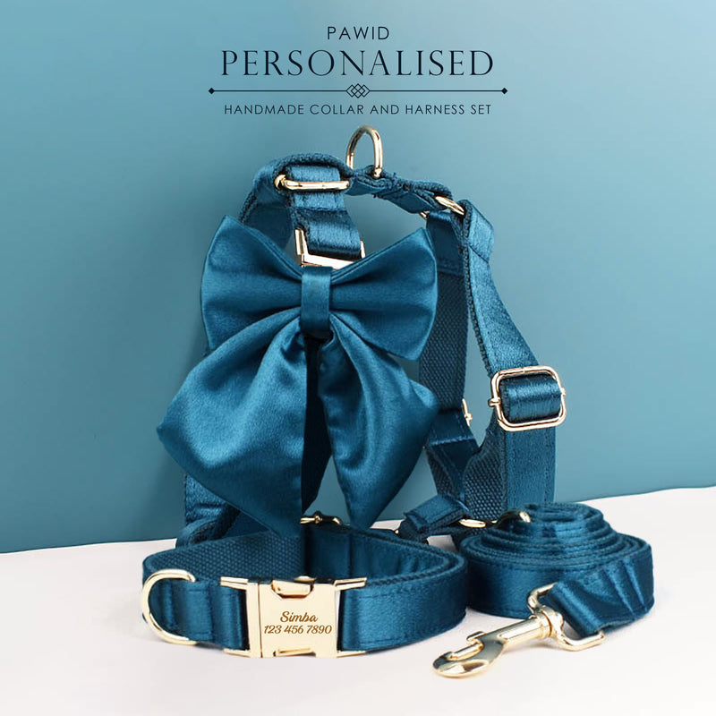 Wedding Dog Collar in Blue Green Satin, Custom Silky Teal H Style Dog Harness with Name, Leash, Sailor Bow for Birthday, Different Combo