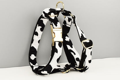 Custom Black White Cow Pattern Velvet Personalised Dog Collar, Matching Bowtie, Dog Leash, Roman Dog Harness & Dog Poop Bag