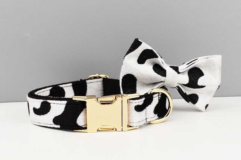 Custom Black White Cow Pattern Velvet Personalised Dog Collar, Matching Bowtie, Dog Leash, Roman Dog Harness & Dog Poop Bag