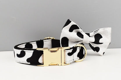 Custom Black White Cow Pattern Velvet Personalised Dog Collar, Matching Bowtie, Dog Leash, Roman Dog Harness & Dog Poop Bag