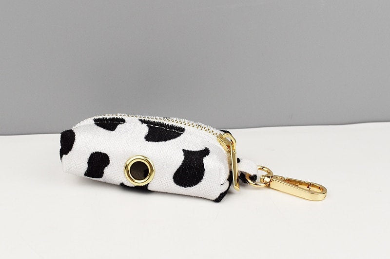 Custom Black White Cow Pattern Velvet Personalised Dog Collar, Matching Bowtie, Dog Leash, Roman Dog Harness & Dog Poop Bag