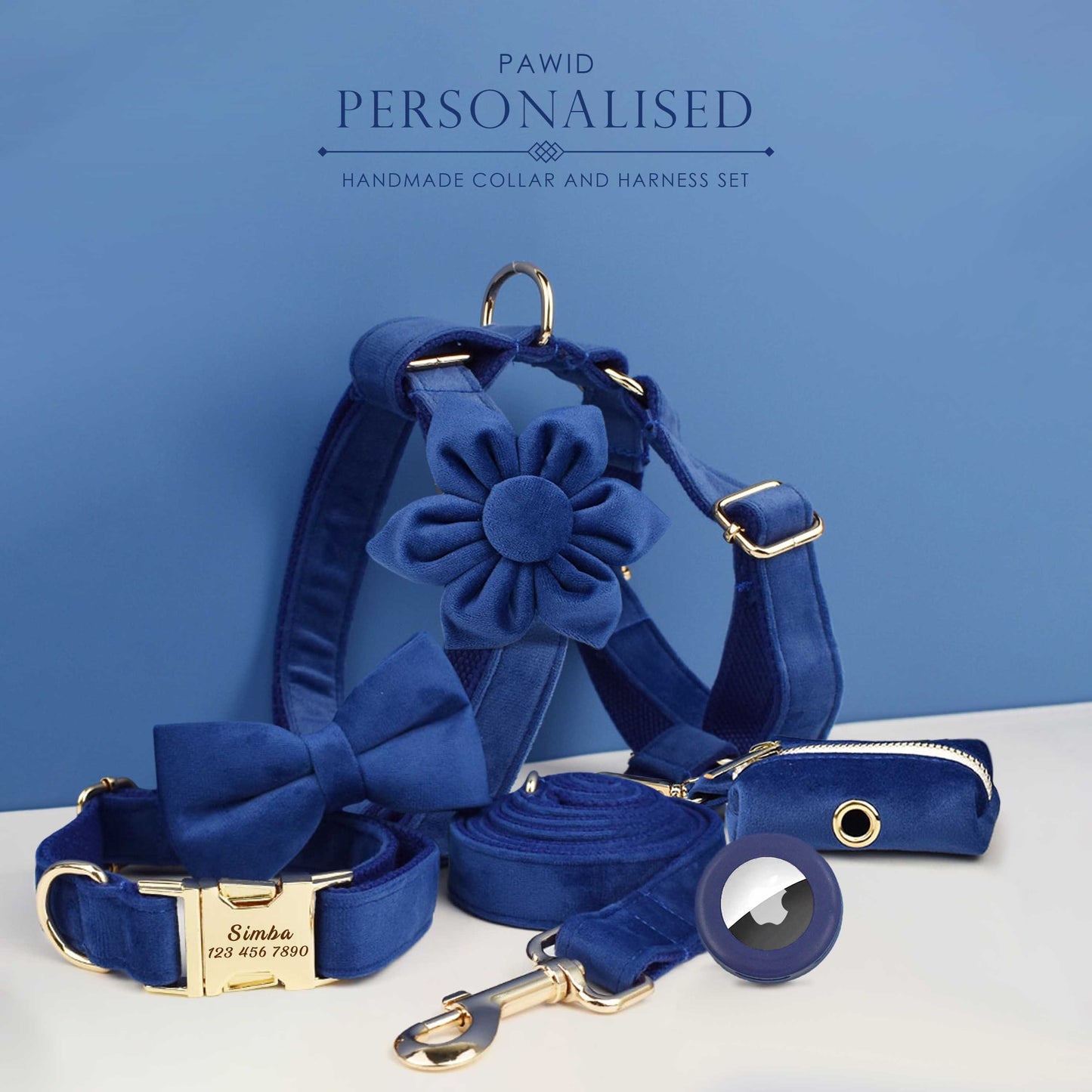 Navy Blue Dog Collar, Personalised with Name, Custom Velvet H Harness, Bowtie, Flower, Leash Set, Poop Bag Holder