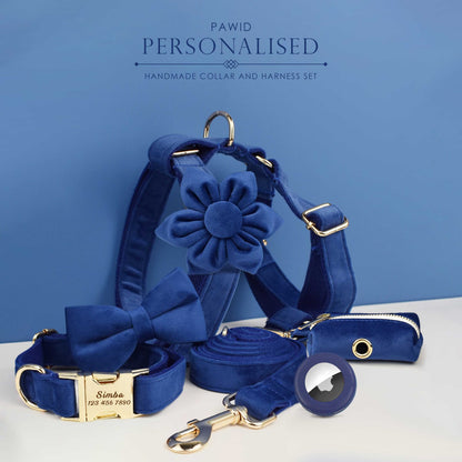 Navy Blue Dog Collar, Personalised with Name, Custom Velvet H Harness, Bowtie, Flower, Leash Set, Poop Bag Holder