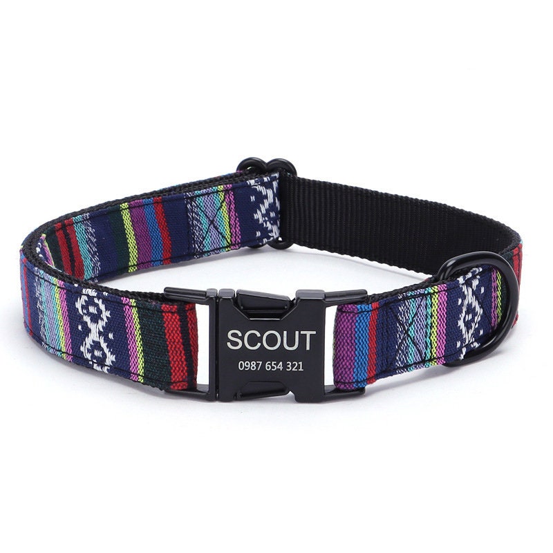 Personalised Dog Collar Tribal Embroidery Fabric Dog Collar with Custom Name Buckle, Small Medium Large Dog, Pet Gift