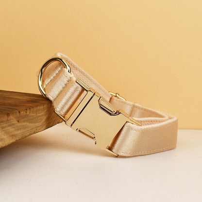 Wedding Dog Collar in Gold Satin, Custom Silky Yellow H Style Dog Harness with Name, Leash, Sailor Bow for Birthday