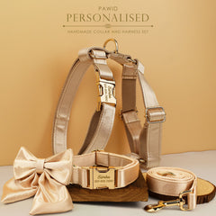 Wedding Dog Collar in Gold Satin, Custom Silky Yellow H Style Dog Harness with Name, Leash, Sailor Bow for Birthday, Different Combo