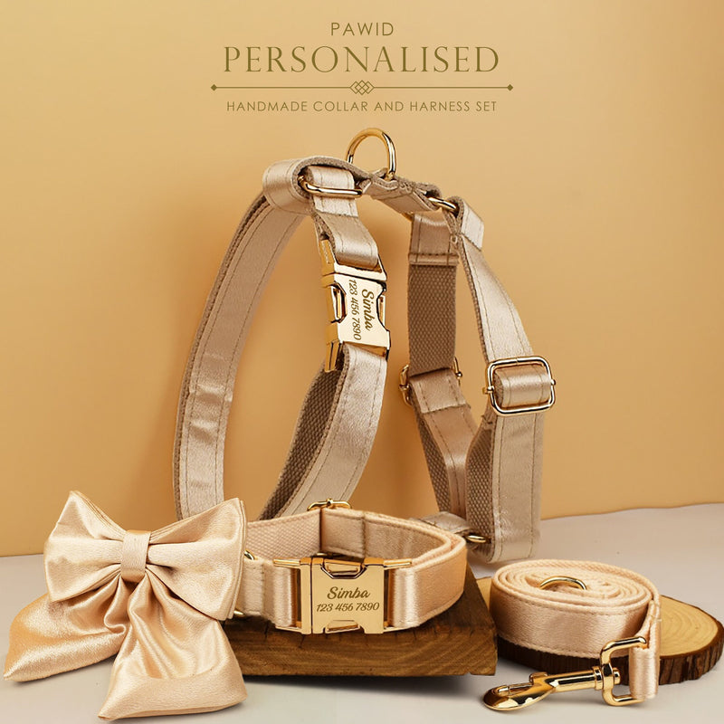Wedding Dog Collar in Gold Satin, Custom Silky Yellow H Style Dog Harness with Name, Leash, Sailor Bow for Birthday, Different Combo