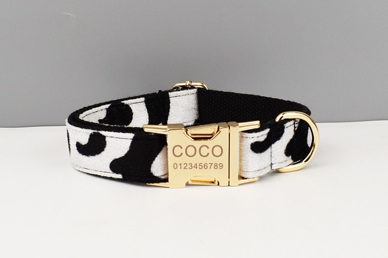 Custom Black White Cow Pattern Velvet Personalised Dog Collar, Matching Bowtie, Dog Leash, Roman Dog Harness & Dog Poop Bag