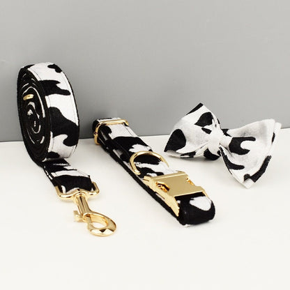 Custom Black White Cow Pattern Velvet Personalised Dog Collar, Matching Bowtie, Dog Leash, Roman Dog Harness & Dog Poop Bag
