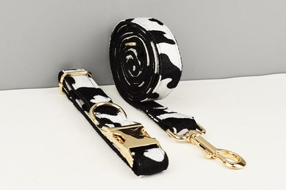 Custom Black White Cow Pattern Velvet Personalised Dog Collar, Matching Bowtie, Dog Leash, Roman Dog Harness & Dog Poop Bag