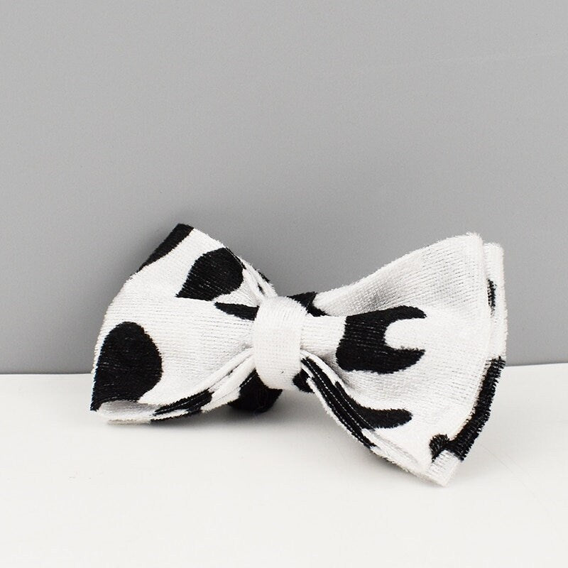Custom Black White Cow Pattern Velvet Personalised Dog Collar, Matching Bowtie, Dog Leash, Roman Dog Harness & Dog Poop Bag