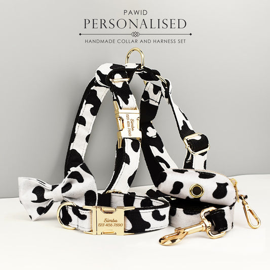 Custom Black White Cow Pattern Velvet Personalised Dog Collar, Matching Bowtie, Dog Leash, Roman Dog Harness & Dog Poop Bag