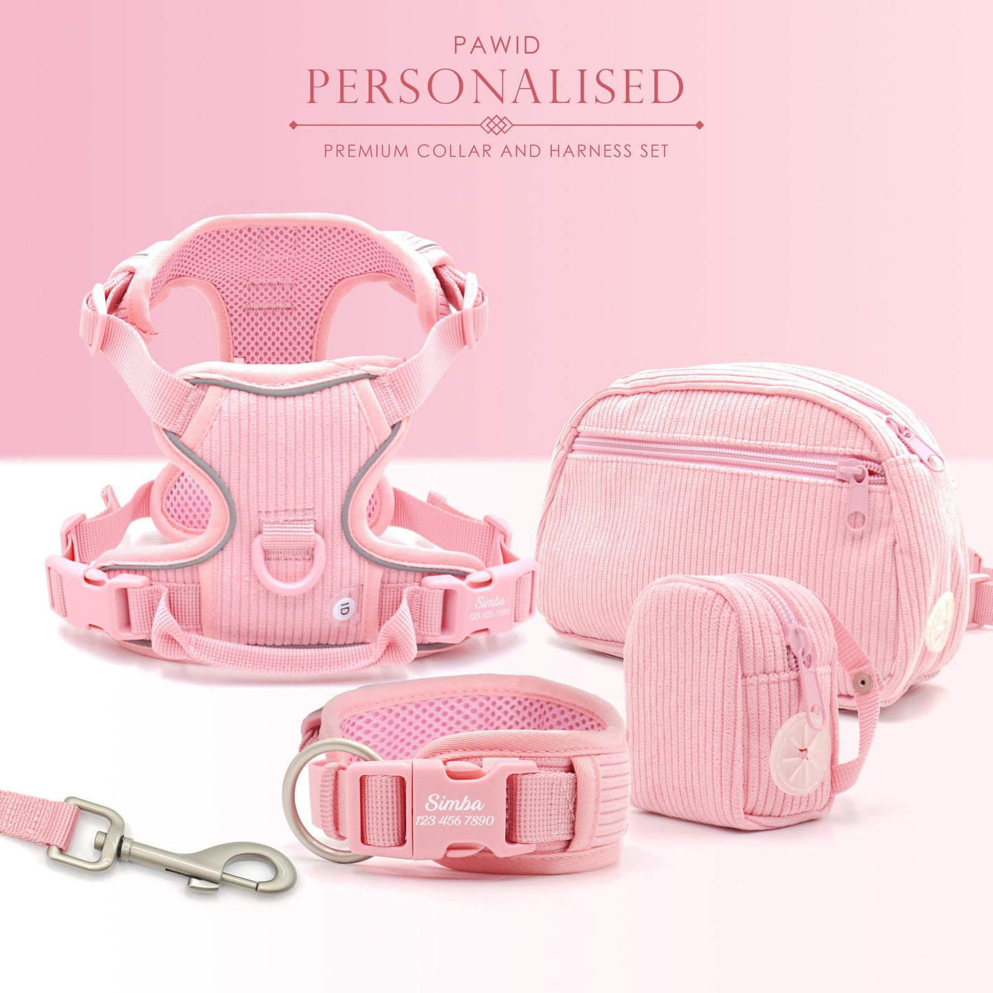Personalised Dog Collar or Dog Harness Set - Pink No Pull Dog Harness - Dog Leash - Poop Bag Holder - Treat Bag