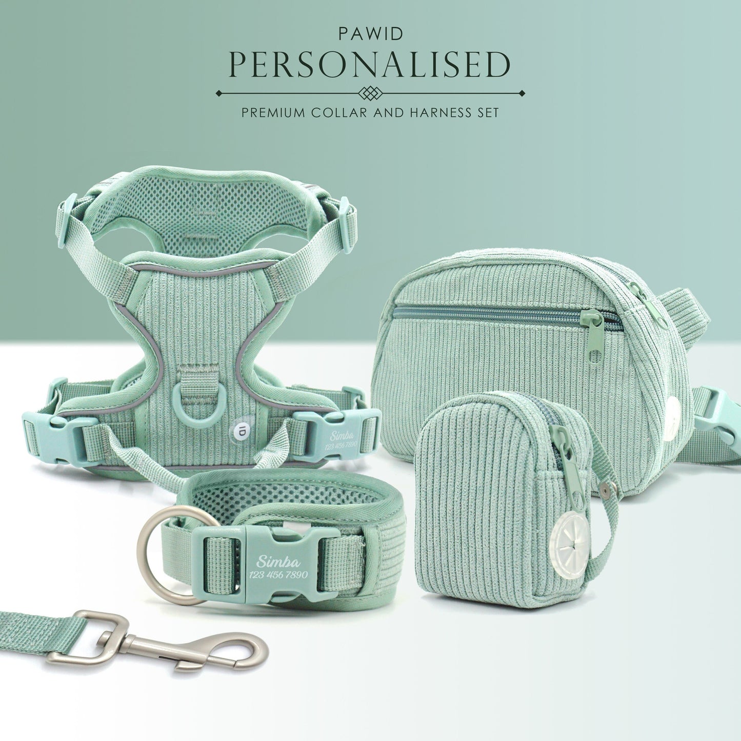 Personalised Dog Collar or Dog Harness Set - Mint Green No Pull Dog Harness - Dog Leash - Poop Bag Holder - Treat Bag