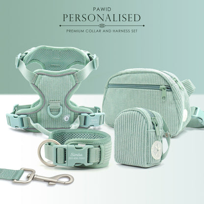 Personalised Dog Collar or Dog Harness Set - Mint Green No Pull Dog Harness - Dog Leash - Poop Bag Holder - Treat Bag