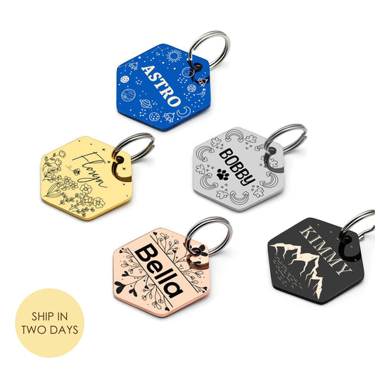 Customised Stainless Steel Pet ID Tag - Hexagon Personalised with Your Pet's Name and Contact - Front and Back Engraving for Dogs and Cats