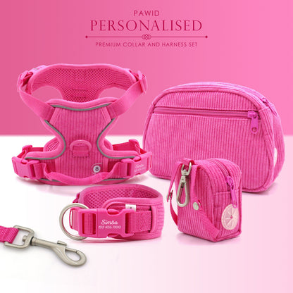 Personalised Dog Collar or Dog Harness Set - Hot Pink No Pull Dog Harness - Dog Leash - Poop Bag Holder - Treat Bag