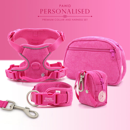 Personalised Dog Collar or Dog Harness Set - Hot Pink No Pull Dog Harness - Dog Leash - Poop Bag Holder - Treat Bag