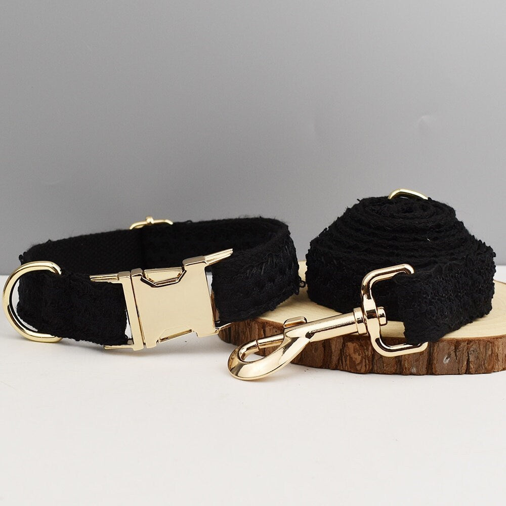 Custom Black Lace Personalized Fancy Wedding Dog Collar or Dog Flower, Dog Leash & H-Style Dog Harness for Small Medium Large Dogs