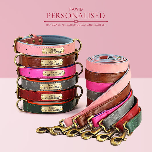 Personalised PU Leather Dog Collar Soft Padded Dog Collar with name plate