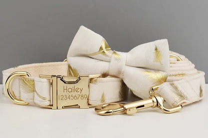 Cream Personalised Dog Harness for Small, Medium, Large Dogs, Cream with Golden Leaves Green Custom Dog Collar, Bow, Flower, Poop Bag Holder