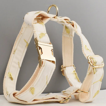 Cream Personalised Dog Harness for Small, Medium, Large Dogs, Cream with Golden Leaves Green Custom Dog Collar, Bow, Flower, Poop Bag Holder
