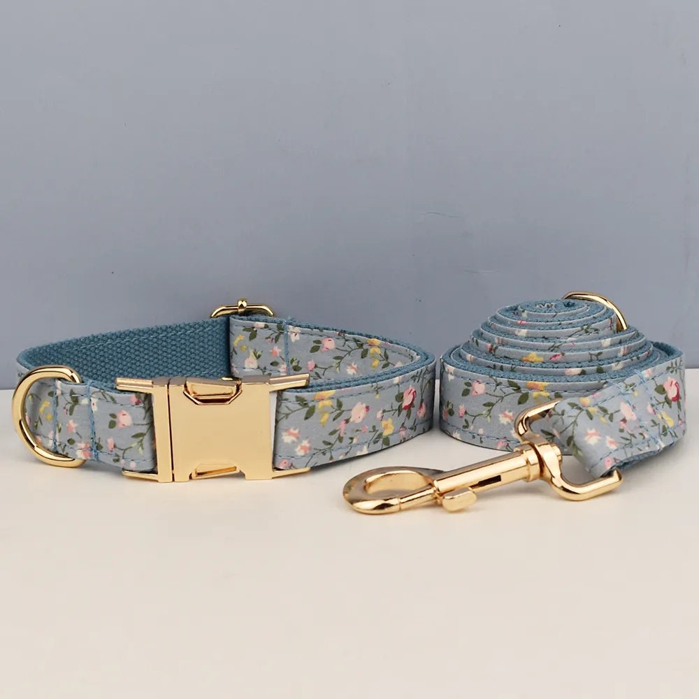 Blue Floral Personalised Dog Harness for Small, Medium, Large Dogs, Haze Blue Floral Custom Dog Collar, Bow, Flower, Poop Bag Holder