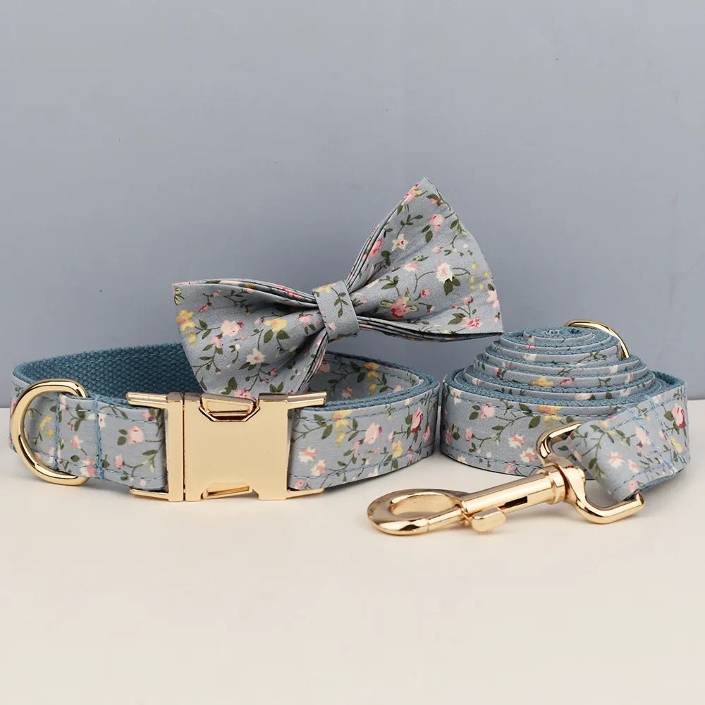 Blue Floral Personalised Dog Harness for Small, Medium, Large Dogs, Haze Blue Floral Custom Dog Collar, Bow, Flower, Poop Bag Holder