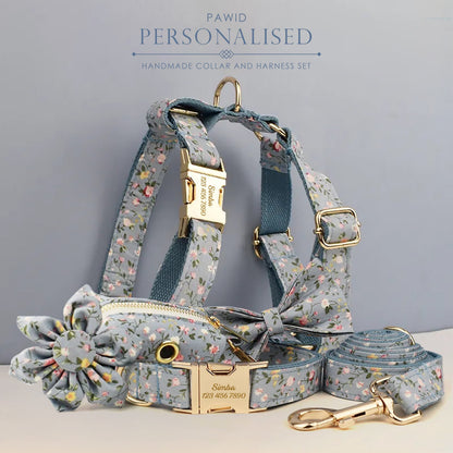 Blue Floral Personalised Dog Harness for Small, Medium, Large Dogs, Haze Blue Floral Custom Dog Collar, Bow, Flower, Poop Bag Holder