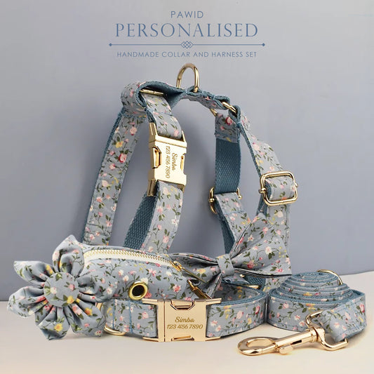 Blue Floral Personalised Dog Harness for Small, Medium, Large Dogs, Haze Blue Floral Custom Dog Collar, Bow, Flower, Poop Bag Holder