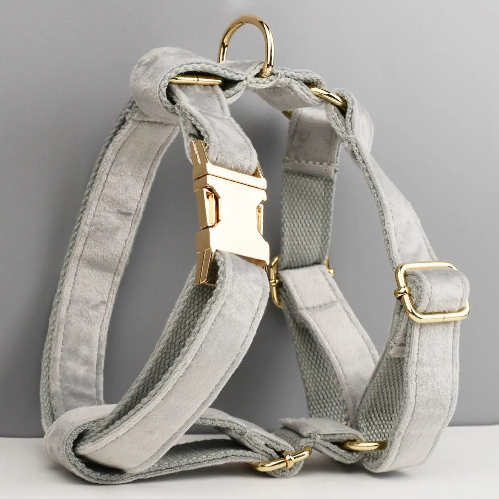 Grey Personalised Dog Harness for Small, Medium, Large Dogs, Grey Velvet Custom Dog Collar, Bow, Flower, Poop Bag Holder