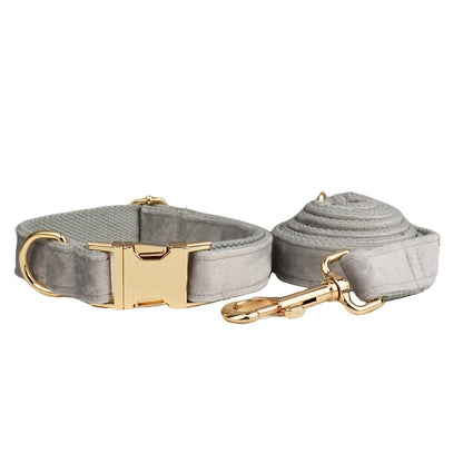 Grey Personalised Dog Harness for Small, Medium, Large Dogs, Grey Velvet Custom Dog Collar, Bow, Flower, Poop Bag Holder