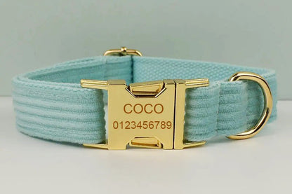 Personalised Lake Green Dog Collar or Checker Pattern, Custom Buckle with Name, for Formal, Wedding, H Harness, Bow, Leash