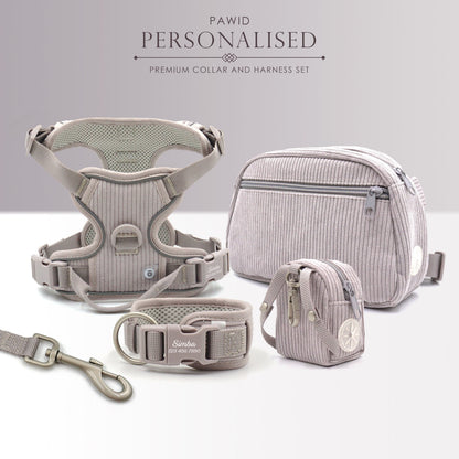 Personalised Dog Collar or Dog Harness Set - Grey No Pull Dog Harness - Dog Leash - Poop Bag Holder - Treat Bag