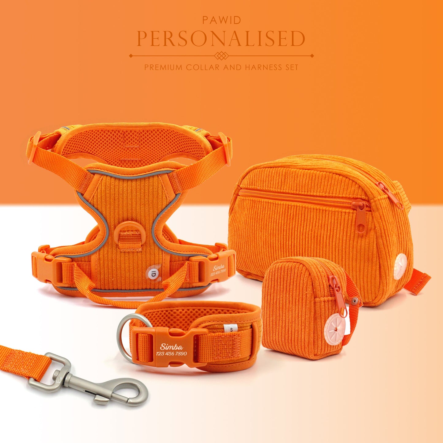 Personalised Dog Collar or Dog Harness Set - Orange No Pull Dog Harness - Dog Leash - Poop Bag Holder - Treat Bag