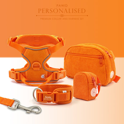 Personalised Dog Collar or Dog Harness Set - Orange No Pull Dog Harness - Dog Leash - Poop Bag Holder - Treat Bag