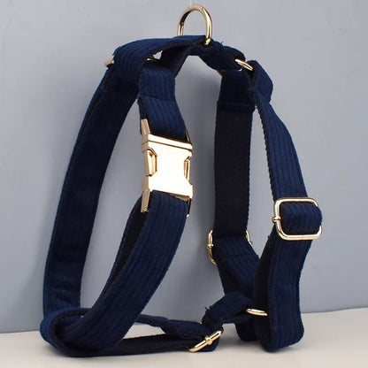 Custom Blue Corduroy Personalised Dog Collar, Matching Dog Bowtie, Dog Leash, H-Style Dog Harness & Dog Poop Bag