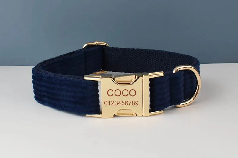 Custom Blue Corduroy Personalised Dog Collar, Matching Dog Bowtie, Dog Leash, H-Style Dog Harness & Dog Poop Bag
