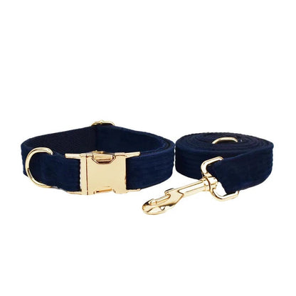 Custom Blue Corduroy Personalised Dog Collar, Matching Dog Bowtie, Dog Leash, H-Style Dog Harness & Dog Poop Bag
