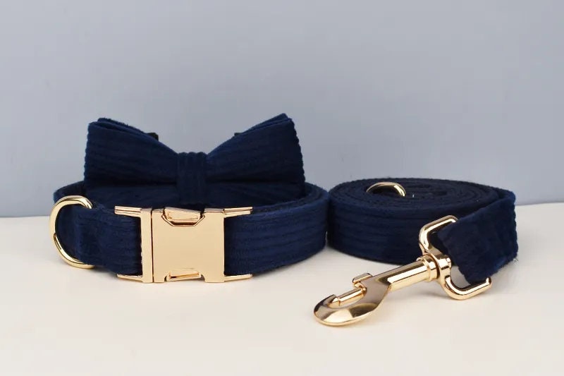 Custom Blue Corduroy Personalised Dog Collar, Matching Dog Bowtie, Dog Leash, H-Style Dog Harness & Dog Poop Bag